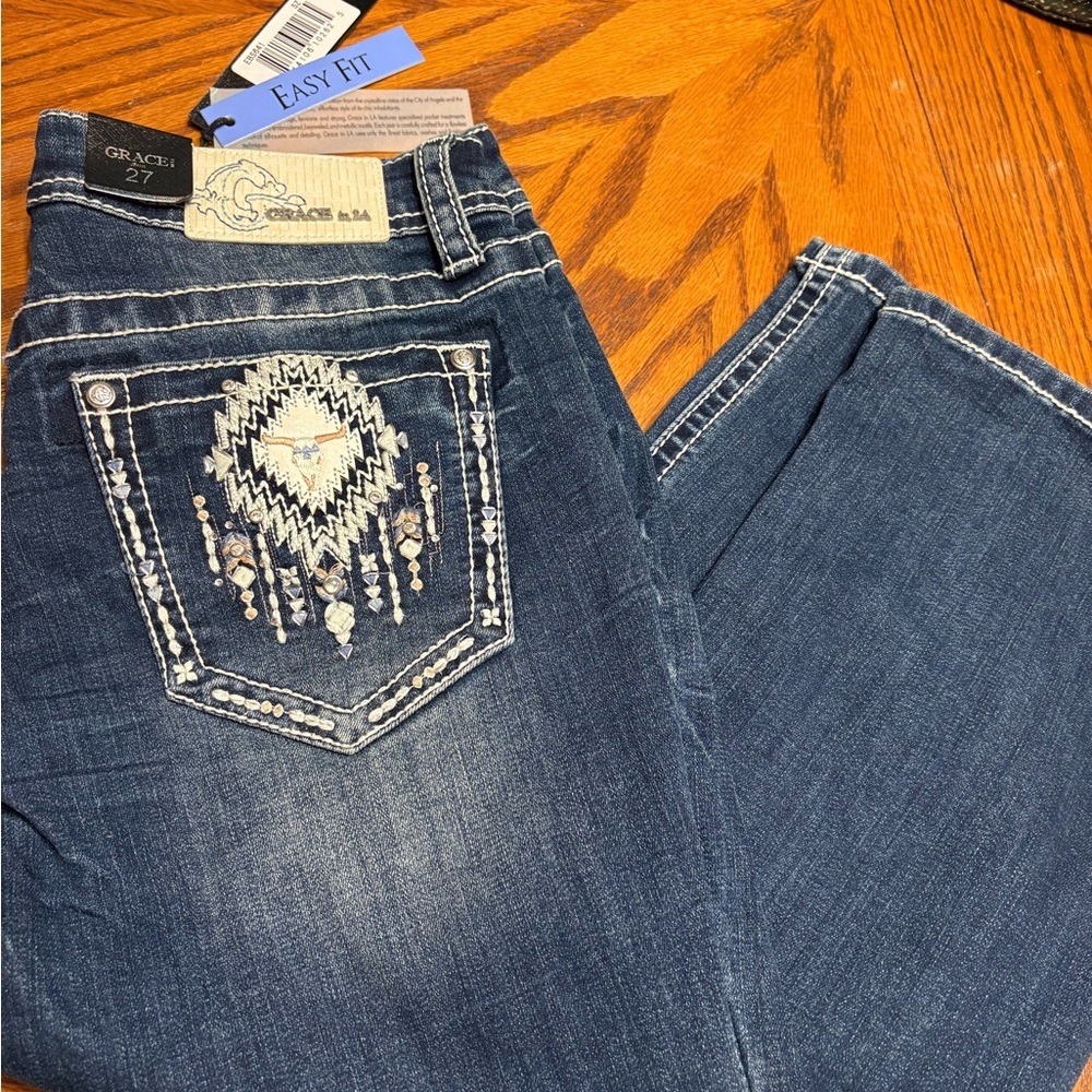 Grace in LA Dark Blue Jeans with White Embellishments